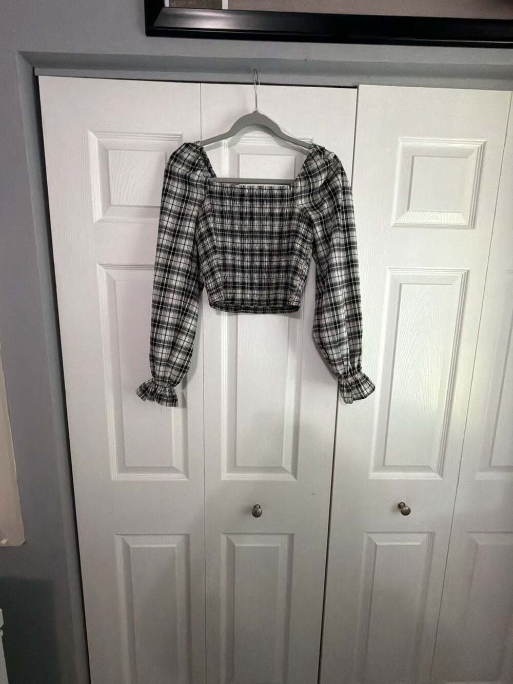 Altar'd State Plaid Smocked Square Neck Long Sleeve Crop Top